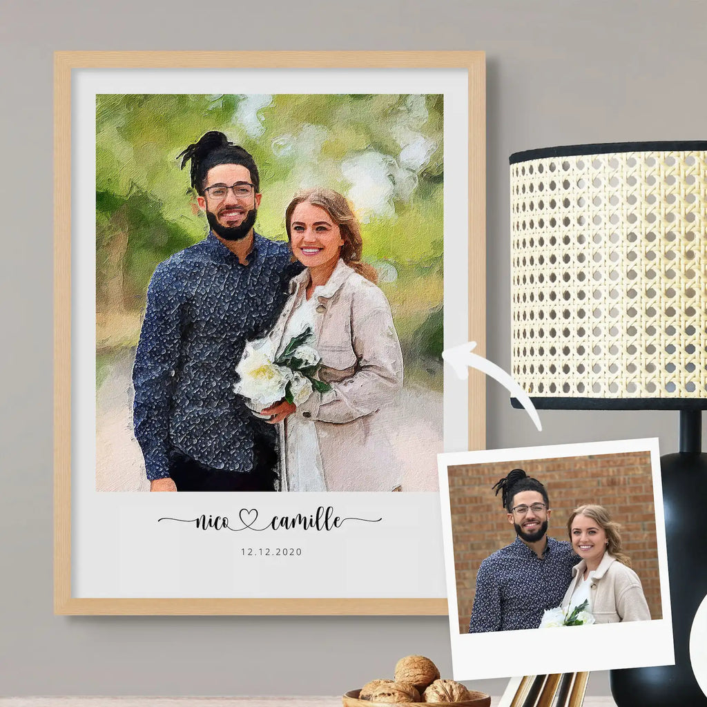 Oil-style portrait of a couple outdoors, the woman holding white flowers, in a light oak frame beside the source photo