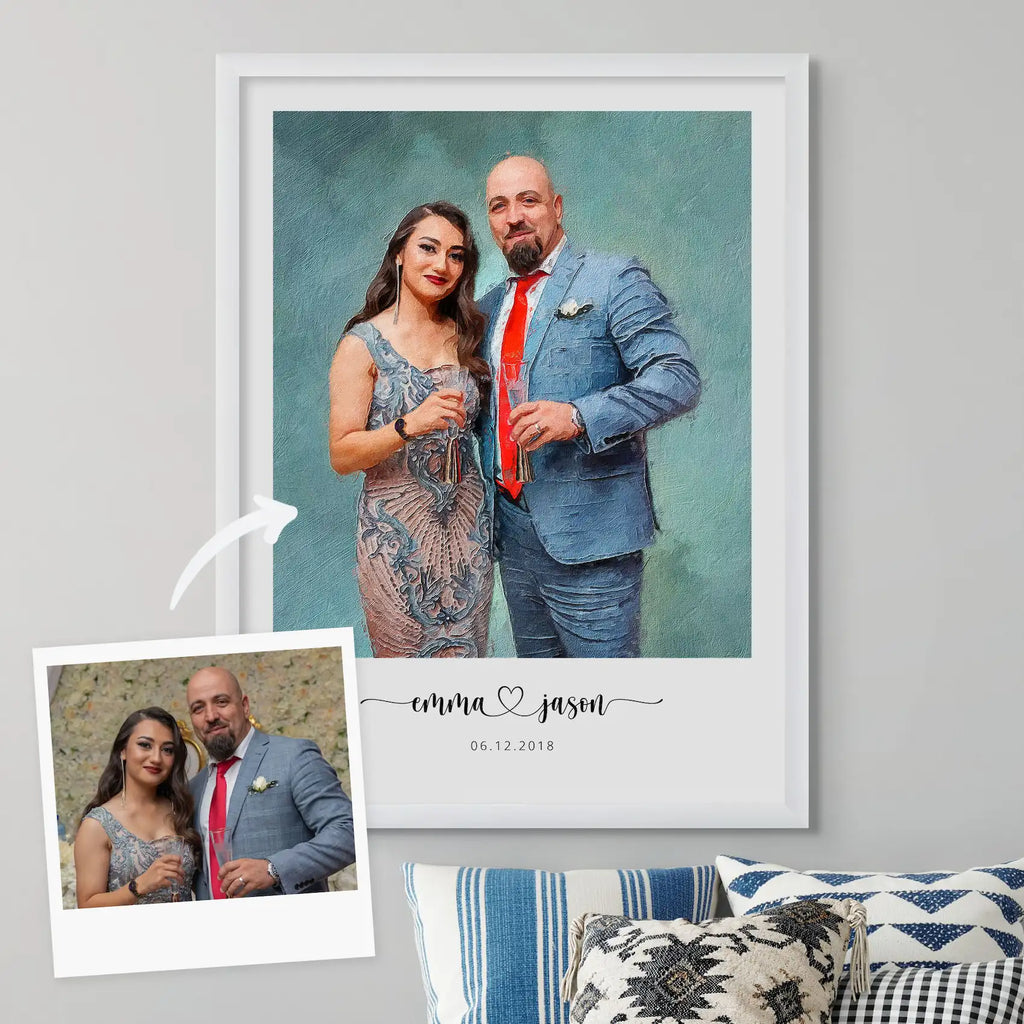 Oil-style portrait of a couple in formal wear holding glasses, in a white frame, with the source photo beside it