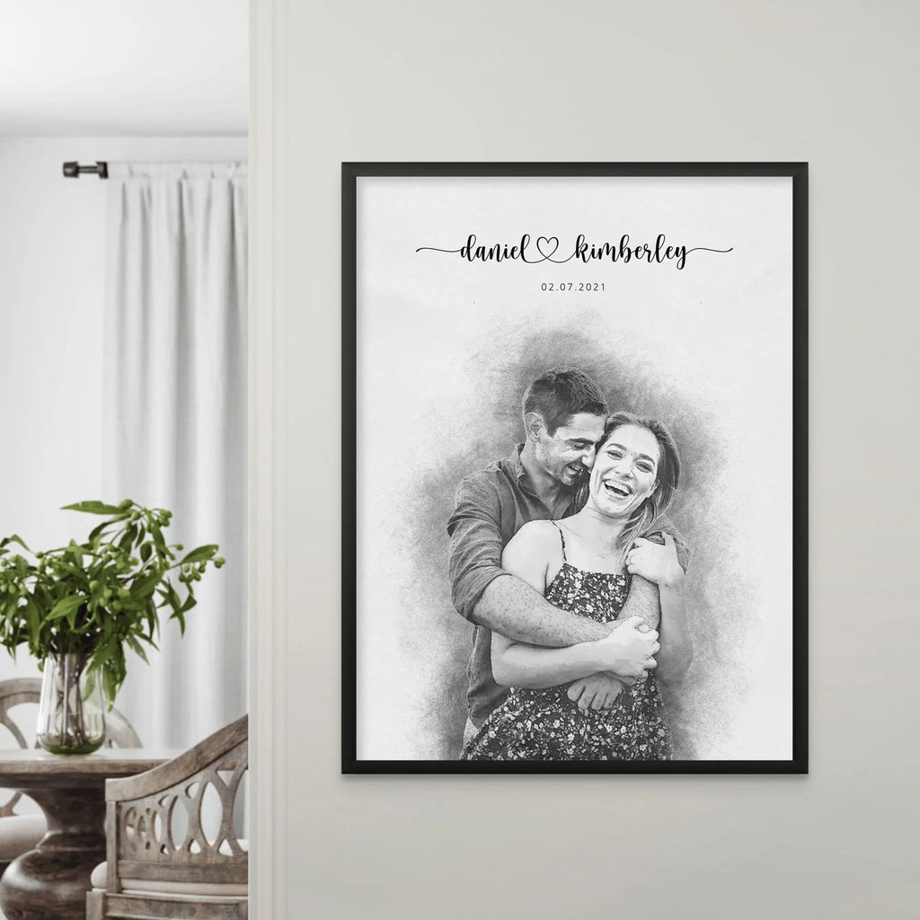 Sketch-style portrait of a laughing couple embracing, their names and a date above, framed in black