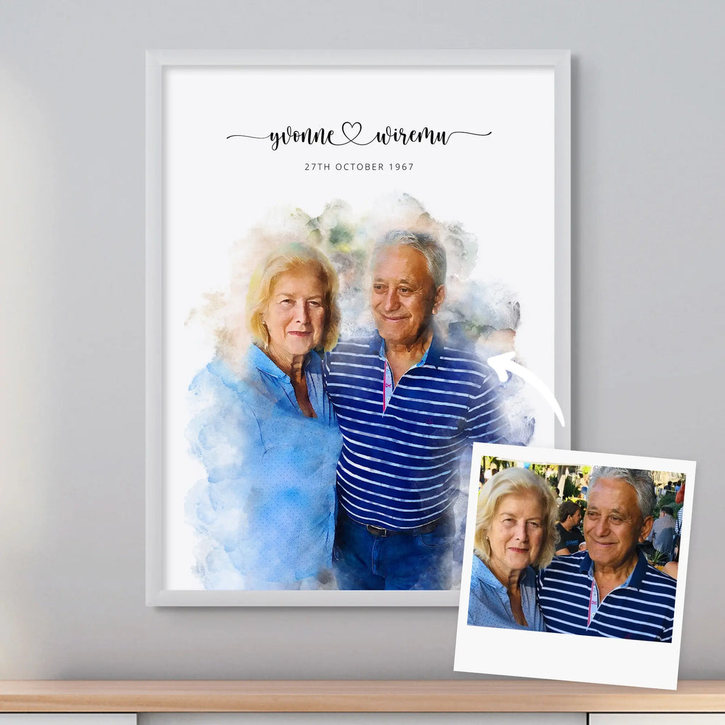 Watercolor-style portrait of an older couple in a light frame, names and a date above, beside the reference photo