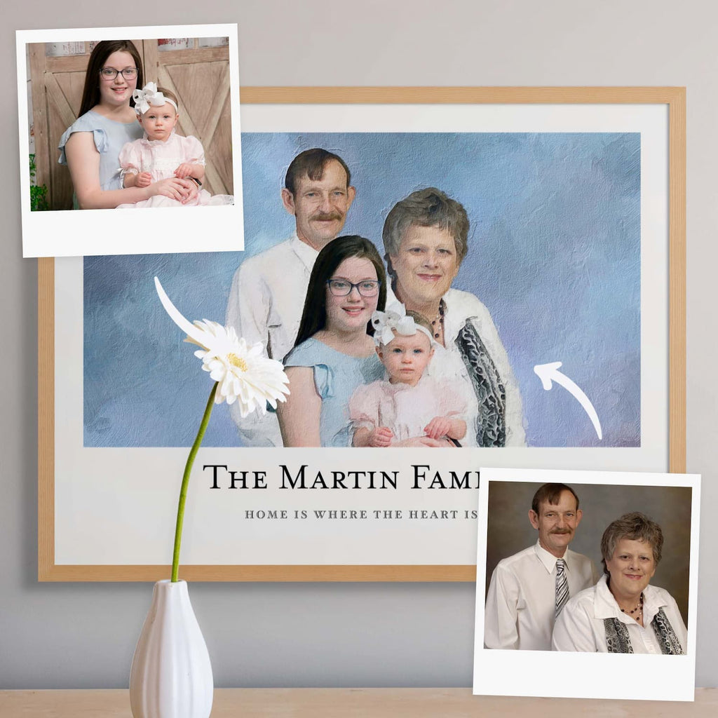 Oil-style portrait of an older couple, a young woman and a baby, in a light oak frame, with family-name caption and photos