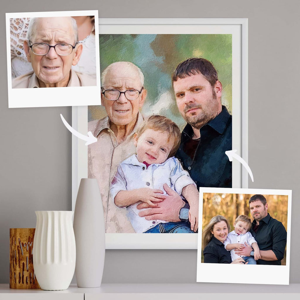 Oil-style portrait of an older man, a man and a toddler, in a white frame, beside two reference photos with arrows