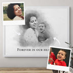 Sketch-style portrait of a woman holding a baby in a white frame, with a line of text below and two reference photos