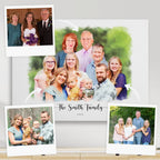 Watercolor-style portrait of a large family with two babies on canvas, 'The Smith Family 2023', beside two reference photos