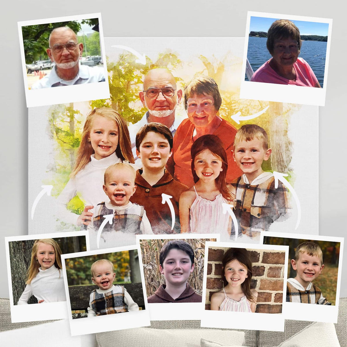 Photos of grandparents and five grandchildren, and the watercolor-style family portrait that puts them together, on canvas