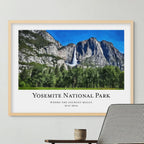 Oil-style portrait of Yosemite Falls and its granite cliffs, titled 'Yosemite National Park', in a Red Oak frame