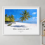 Oil-style portrait of a leaning palm tree on a white-sand beach in a white frame, 'Where memories are made'
