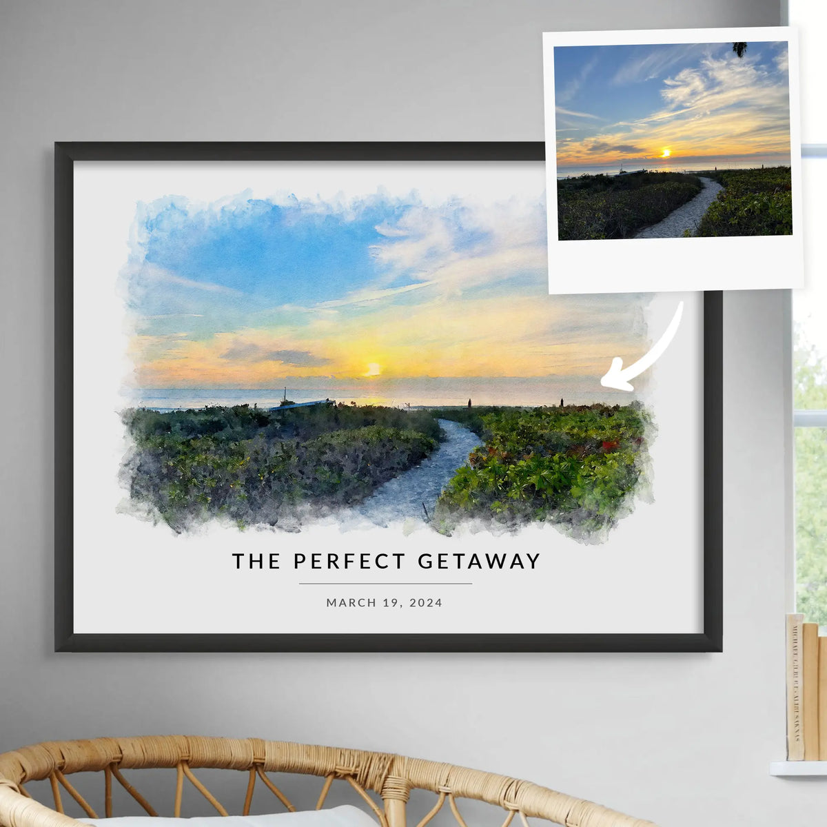 A sunset beach-path photo with an arrow to its watercolor-style portrait, 'The Perfect Getaway', framed in black