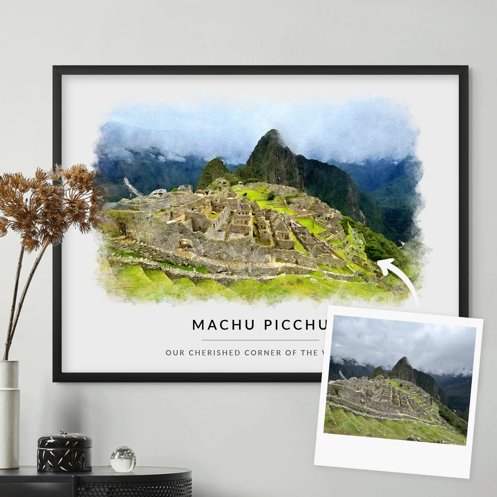 A photo of Machu Picchu with an arrow to its watercolor-style portrait of the ruins, framed in black