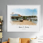 Watercolor-style portrait of a waterfront restaurant and jetty with boats, in a white frame with names and a date
