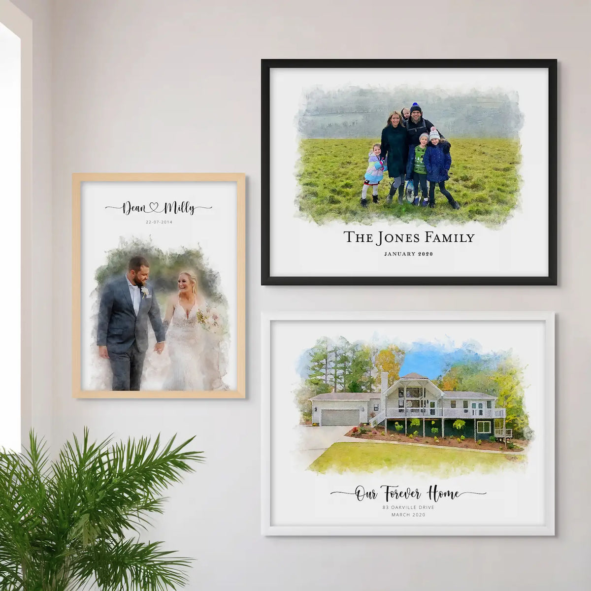 Custom portraits hung on wall interior