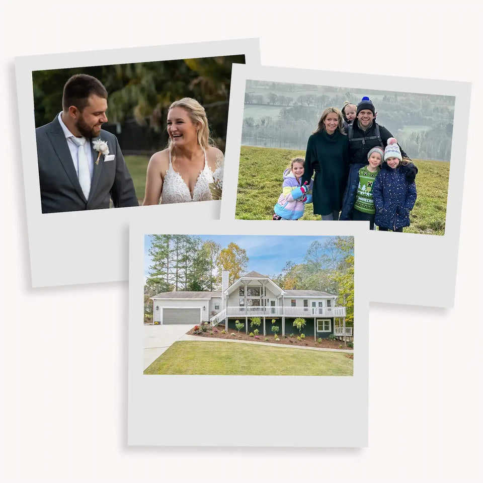 Three printed photos to work from: a bride and groom, a family of five outdoors, and a house with a lawn