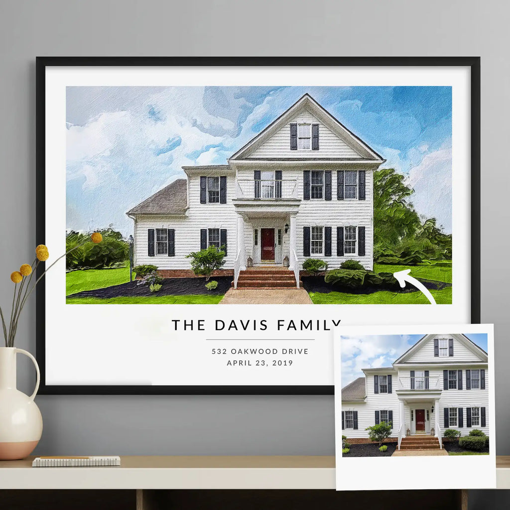 Oil-style portrait of a large white house, 'The Davis Family', framed in black, beside the photo it was made from