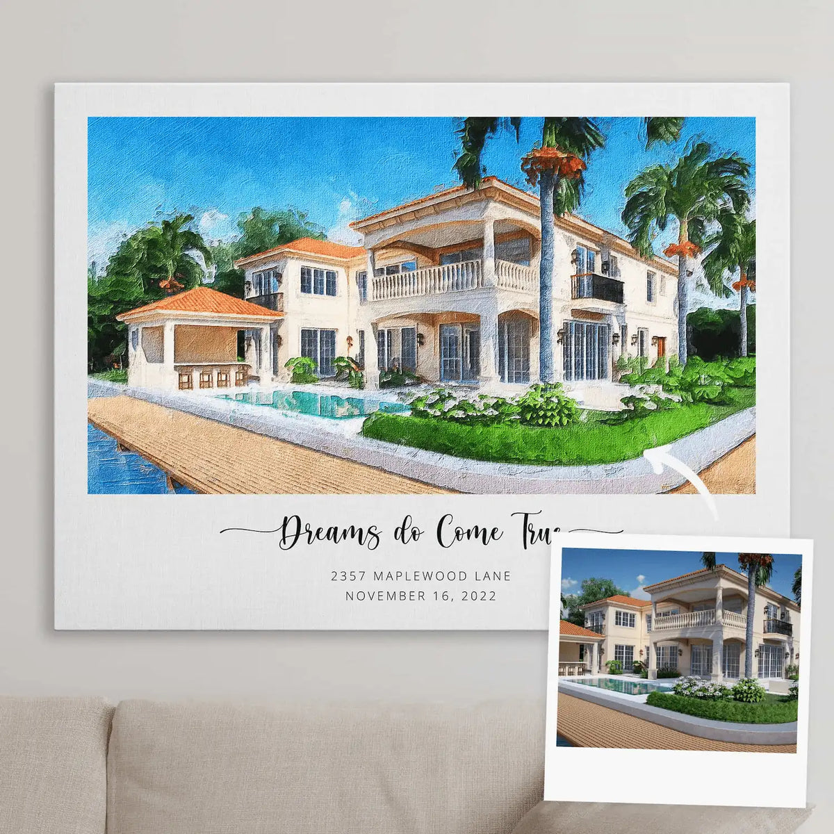 Oil-style canvas portrait of a large villa with a pool and palm trees, with a small inset photo of the house