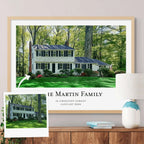 Oil-style portrait of a white house among tall trees, in a light oak frame, with a small inset photo of the house