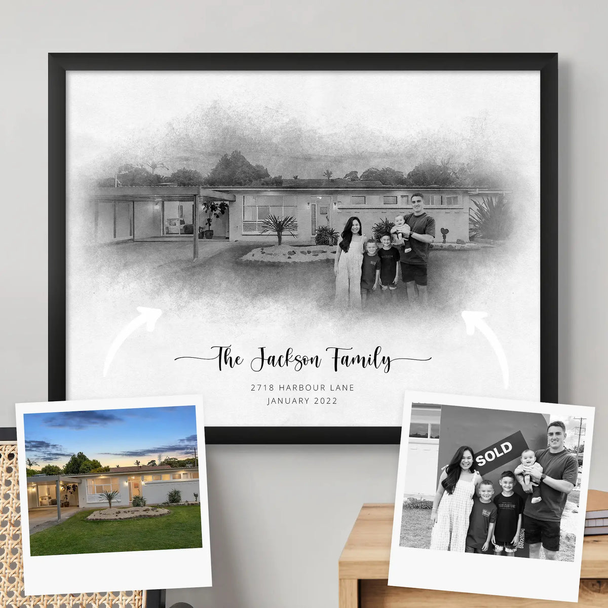 Sketch-style portrait of a single-level house with a family of five outside, in a black frame, beside two reference photos