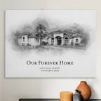 Sketch-style portrait of a single-level house with a palm tree, 'Our Forever Home', on canvas above a shelf with vases