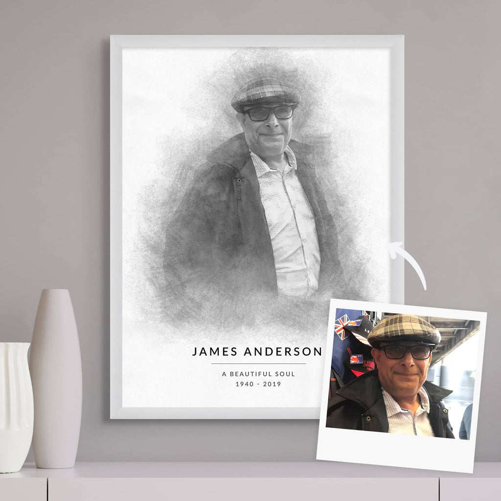 Sketch-style memorial portrait of a man in a flat cap and sunglasses, in a white frame, beside its reference photo