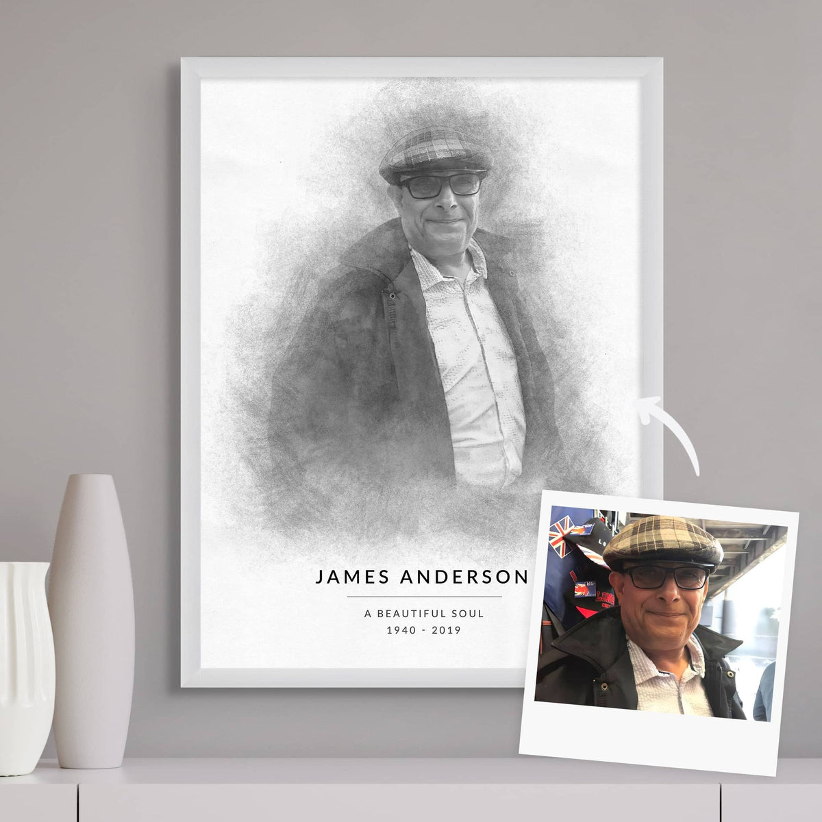 Sketch-style memorial portrait of a man in a flat cap and sunglasses, in a white frame, beside its reference photo