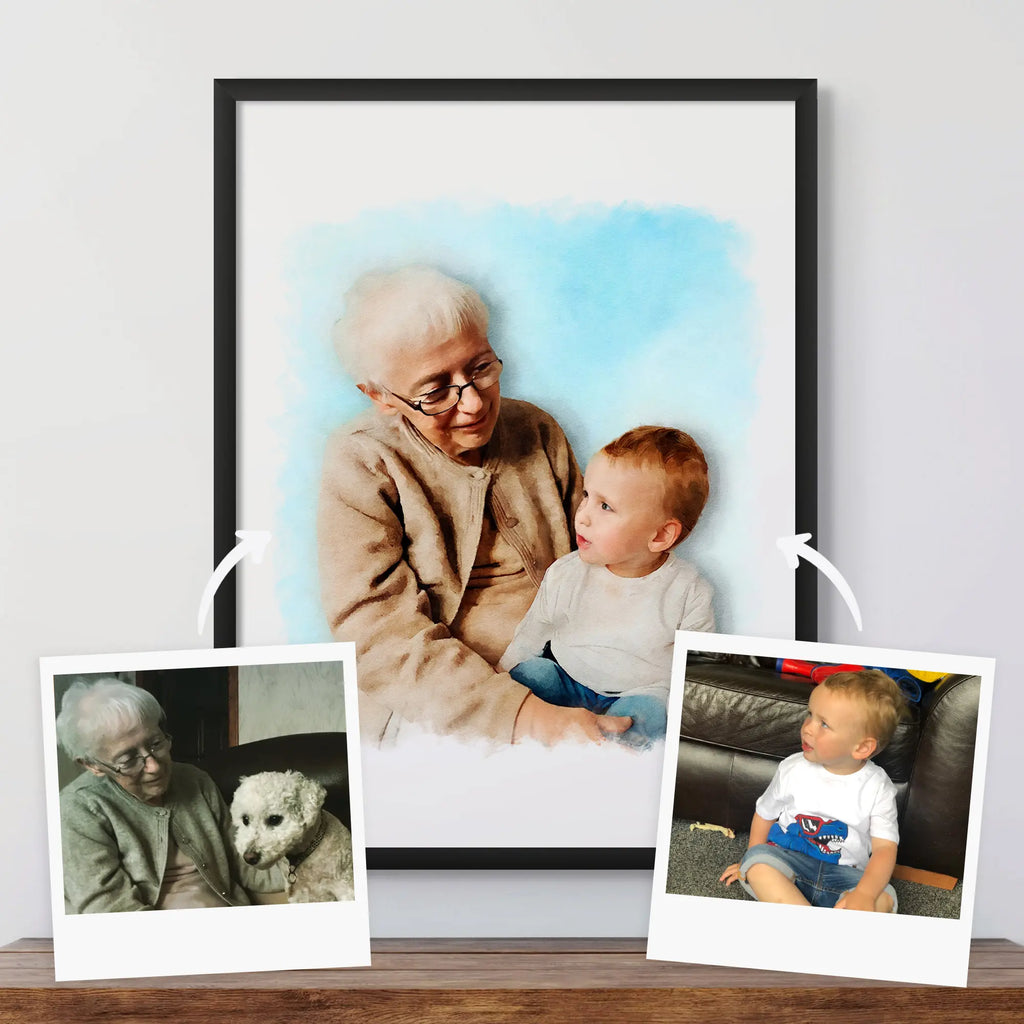 Watercolor-style portrait of an older woman with a young boy on her lap, framed in black, beside two reference photos