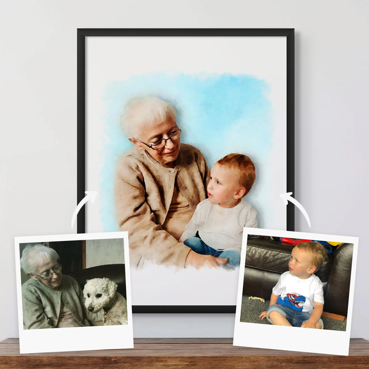 Watercolor-style portrait of an older woman with a young boy on her lap, framed in black, beside two reference photos