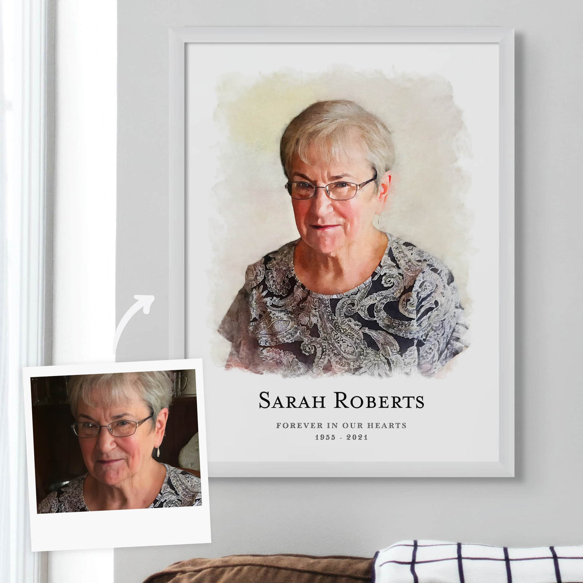 Watercolor-style memorial portrait of an older woman in glasses, in a white frame, beside the reference photo it came from