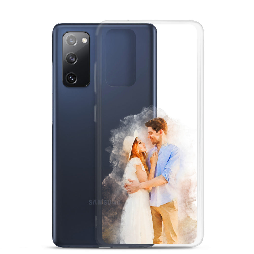 Clear Samsung Galaxy S20 FE case printed with a watercolor-style portrait of a couple embracing, shown with the phone
